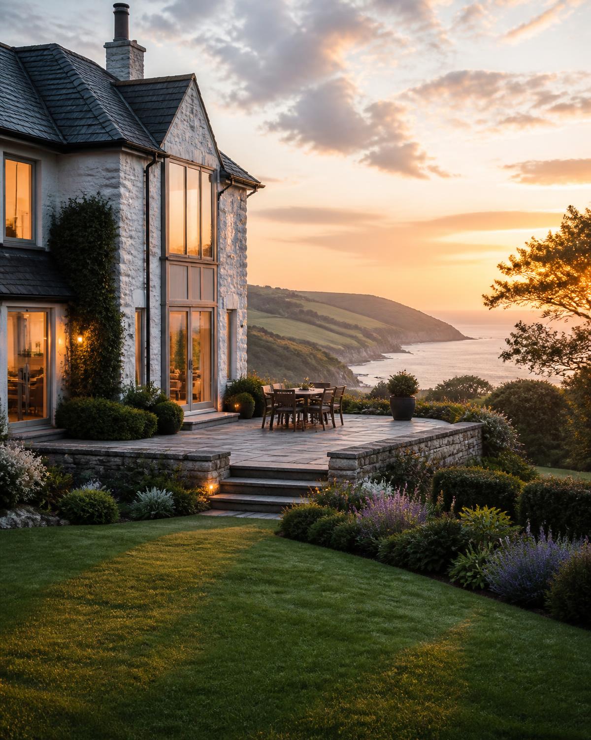 High-end coastal Devon holiday property at golden hour